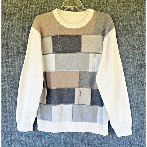 Vintage Color Block Sweater Mens Large Knit Neutral Pullover Preppy Casual 90s - Picture 1 of 8